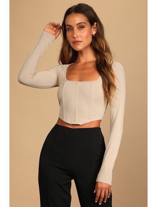Lulus Flair for the Flirty Beige Ribbed Long Sleeve Bustier Crop Top