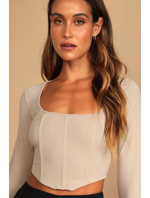 Lulus Flair for the Flirty Beige Ribbed Long Sleeve Bustier Crop Top