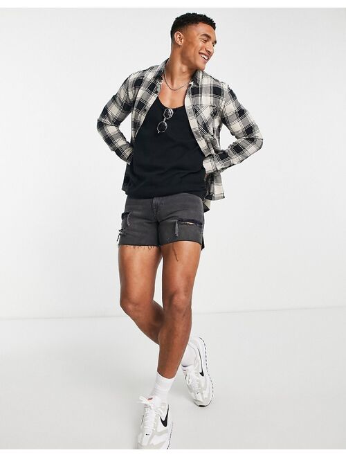 New Look long sleeve buffalo checked shirt in cream