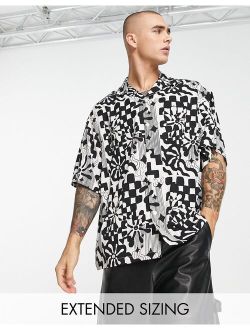boxy oversized camp collar shirt in black and white checkerboard print