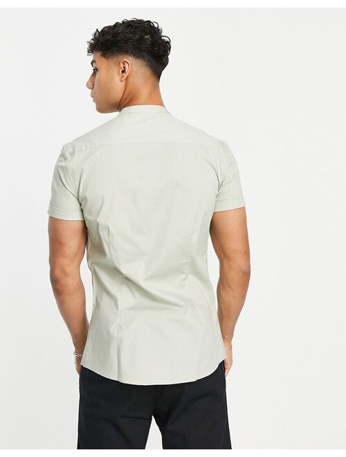 ASOS DESIGN skinny shirt with grandad collar in sage green