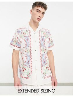 relaxed camp collar linen mix shirt with embroidered border