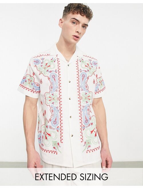 ASOS DESIGN relaxed camp collar linen mix shirt with embroidered border