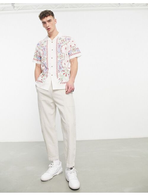ASOS DESIGN relaxed camp collar linen mix shirt with embroidered border