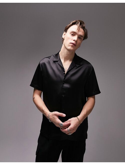 Topman short sleeve premium satin shirt in black
