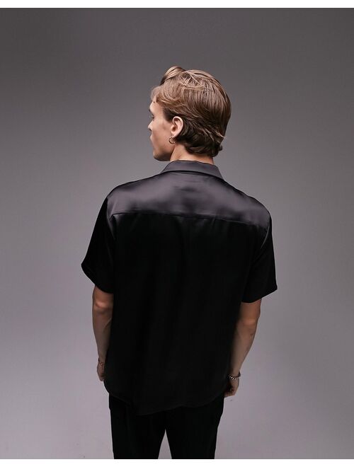 Topman short sleeve premium satin shirt in black