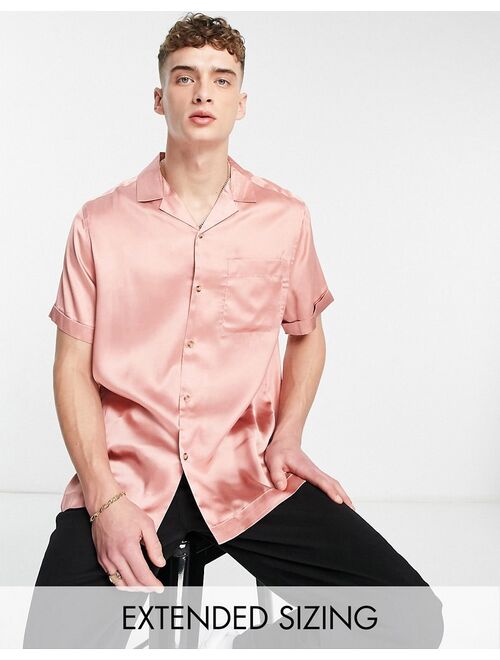 ASOS DESIGN relaxed satin shirt in dusty pink with roll sleeves
