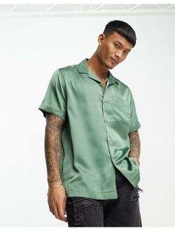 satin shirt with revere collar in sage green