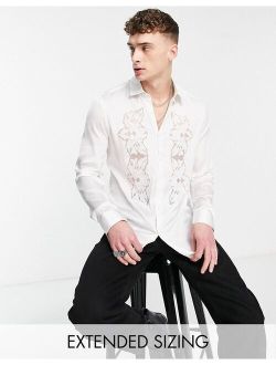satin shirt with cut out lace embroidery panels in white