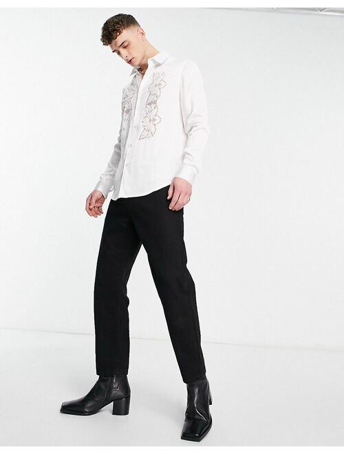 ASOS DESIGN satin shirt with cut out lace embroidery panels in white