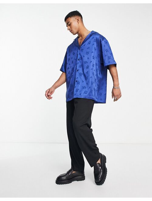 ASOS DESIGN bowling shirt in cobalt blue jacquard
