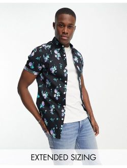 stretch skinny shirt in black and blue floral print