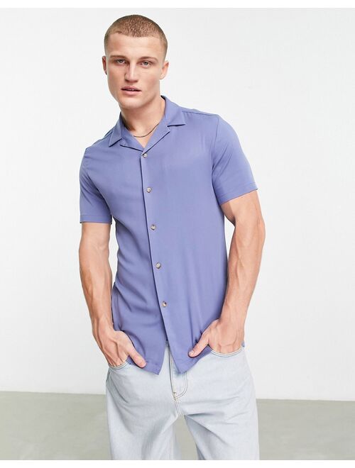 ASOS DESIGN skinny viscose shirt with revere collar in dusky blue
