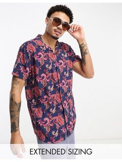 camp collar shirt in navy and burgundy paisley print