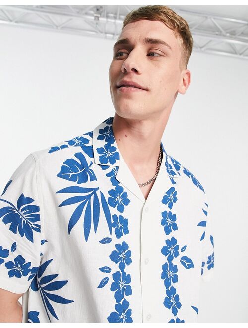 ASOS DESIGN relaxed camp collar linen mix shirt in white with floral border