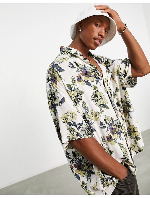 ASOS DESIGN boxy oversized shirt in neutral floral print