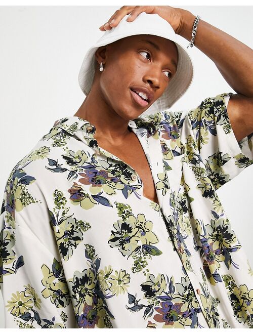 ASOS DESIGN boxy oversized shirt in neutral floral print