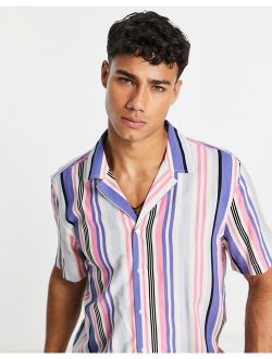 short sleeve camp collar shirt with stripes in pink