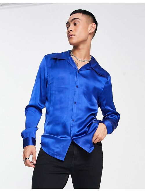 ASOS DESIGN satin shirt with 70s collar in blue
