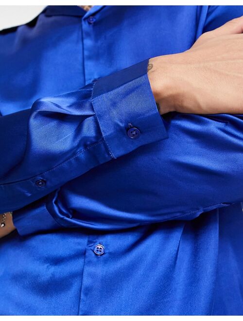 ASOS DESIGN satin shirt with 70s collar in blue