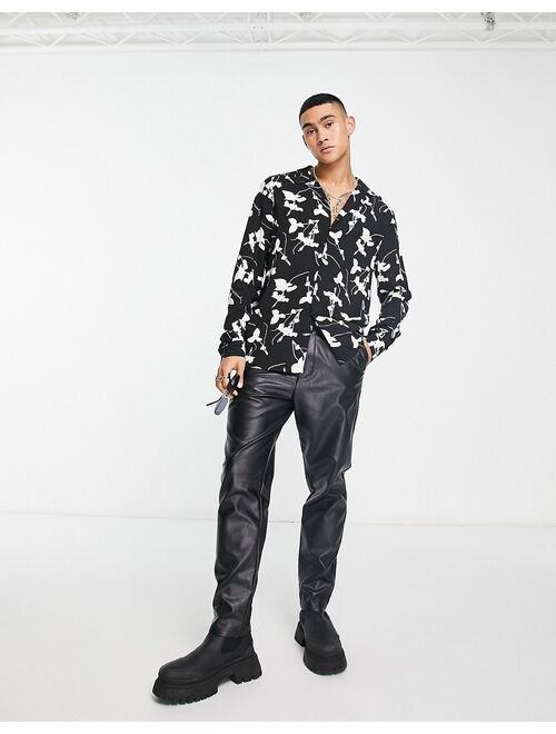 ASOS DESIGN deep revere shirt in black and white floral print
