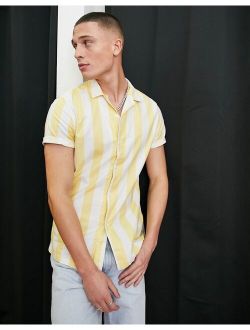 stretch slim camp collar oxford stripe shirt in yellow