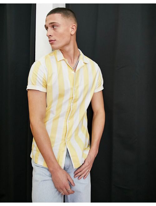 ASOS DESIGN stretch slim camp collar oxford stripe shirt in yellow