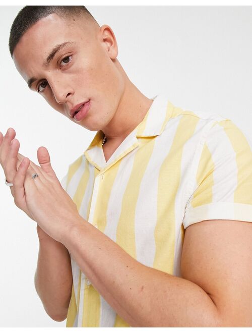 ASOS DESIGN stretch slim camp collar oxford stripe shirt in yellow