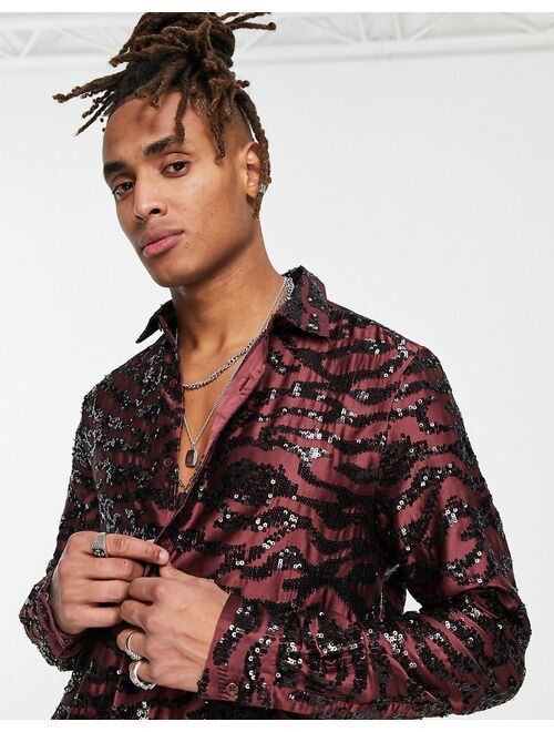 ASOS DESIGN Premium embellished shirt with tiger sequin design in brown