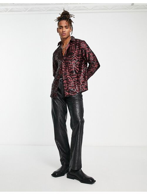 ASOS DESIGN Premium embellished shirt with tiger sequin design in brown