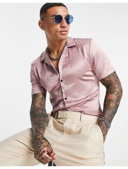 skinny satin shirt with camp collar in dusky pink