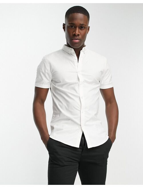 New Look smart short sleeve muscle fit oxford shirt in white