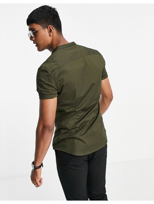 ASOS DESIGN skinny fit shirt with band collar in khaki