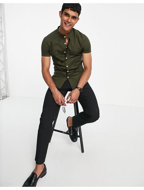 ASOS DESIGN skinny fit shirt with band collar in khaki