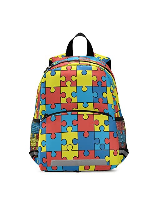 Cbbyy Autism Awareness Colorful Puzzle Piece Preschool Backpacks,Kid's Casual Travel Bookbag with Leash,Cute Toddler Backpacks for Boys and Girls
