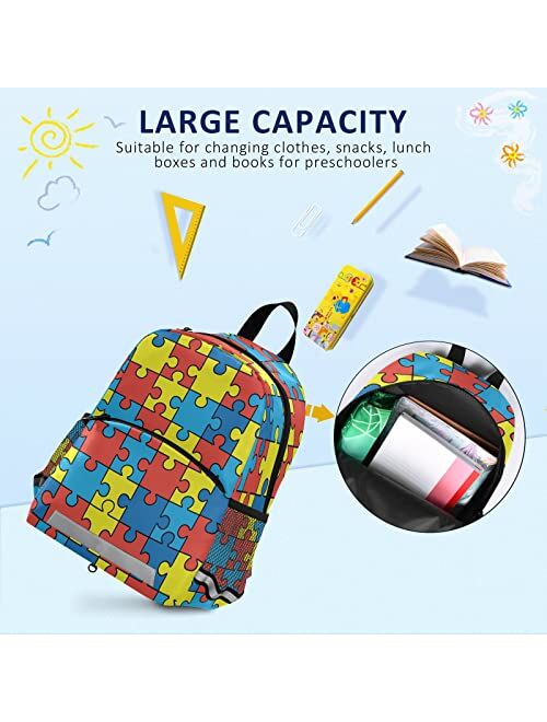 Cbbyy Autism Awareness Colorful Puzzle Piece Preschool Backpacks,Kid's Casual Travel Bookbag with Leash,Cute Toddler Backpacks for Boys and Girls