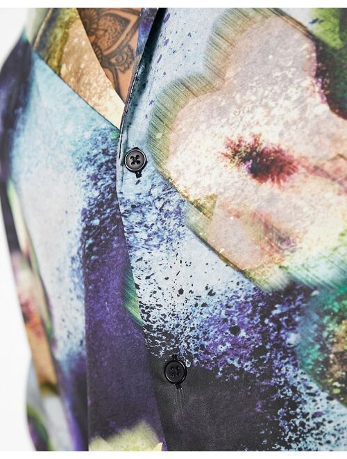 ASOS DESIGN relaxed deep camp collar satin shirt in dark floral print