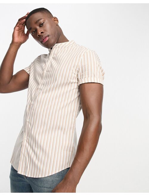 ASOS DESIGN skinny stripe shirt with roll sleeve in tan