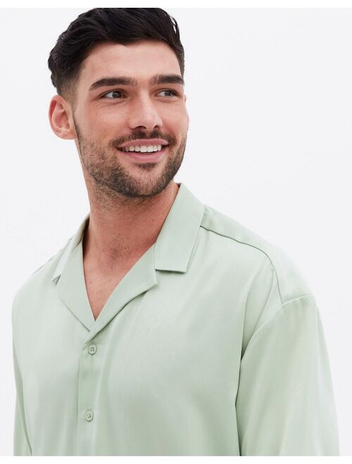 New Look oversized short sleeve satin shirt in light khaki
