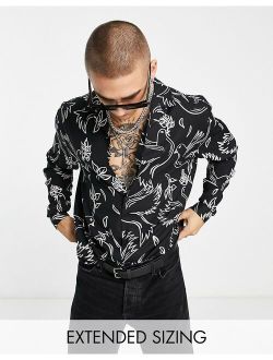 relaxed camp collar shirt in black with bird print