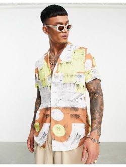 camp collar one button shirt in beige abstract block print
