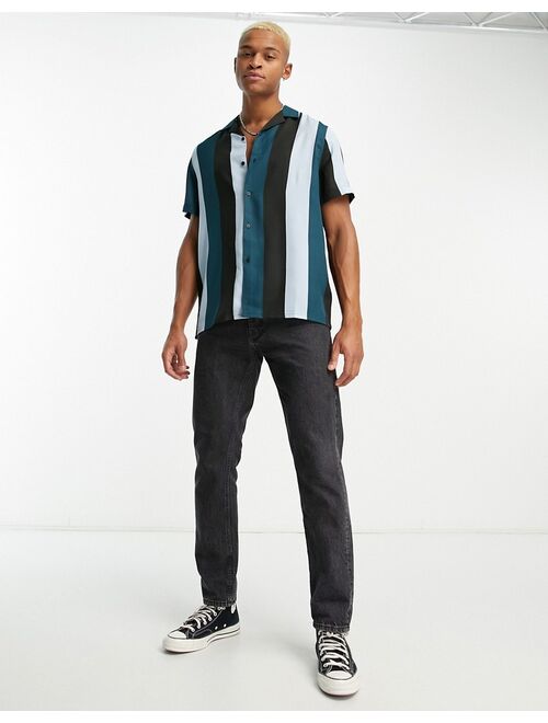 ASOS DESIGN relaxed camp collar retro stripe shirt in blue