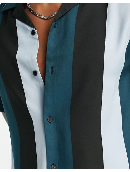ASOS DESIGN relaxed camp collar retro stripe shirt in blue