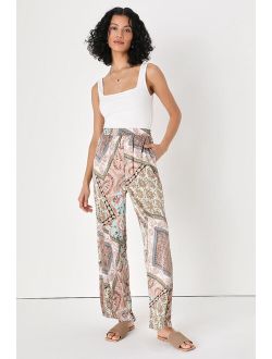 Touring Taormina Ivory Multi Scarf Print Satin Wide-Leg Pants