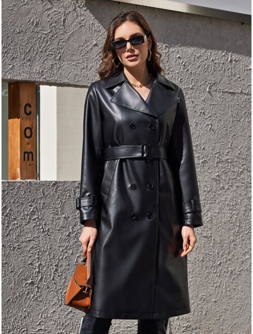 Buy ZIAI Double Breasted Belted PU Leather Trench Coat online | Topofstyle