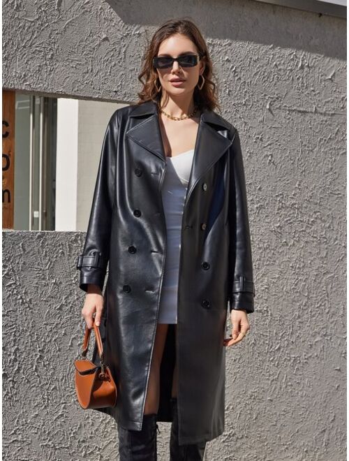 ZIAI Double Breasted Belted PU Leather Trench Coat