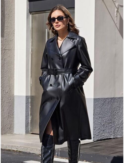 ZIAI Double Breasted Belted PU Leather Trench Coat