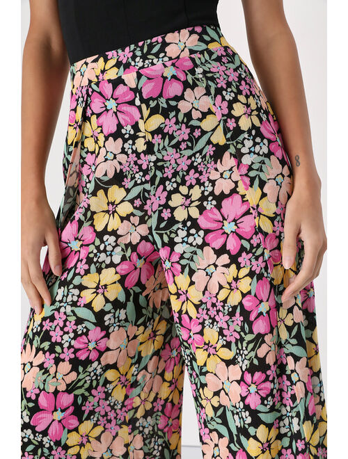 Lulus Living Breezy Black Multi Floral Print Wide-Leg Pants