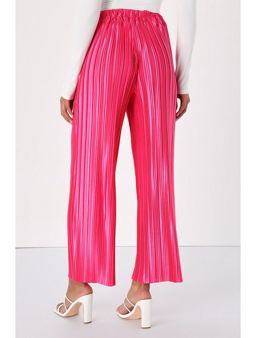 Lulus Tropical Temperatures Hot Pink Satin Plisse Wide-Leg Pants