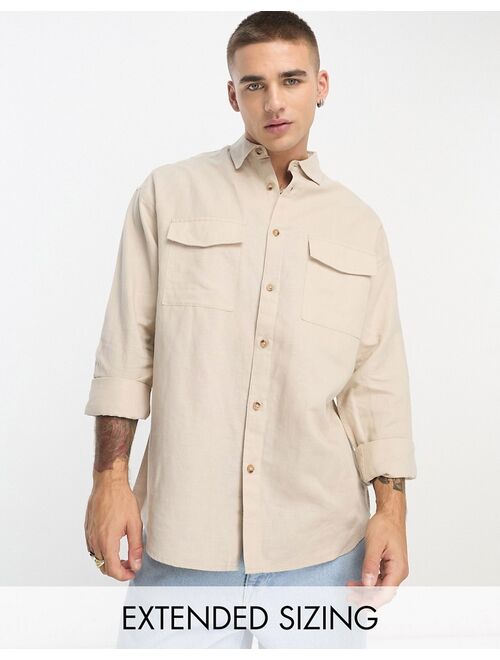 ASOS DESIGN oversized linen shirt with double pockets in stone